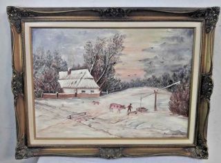 Hungarian Folk Art Painting Of A Farm W/ Pigs & Cattle.  Signed Kovacs