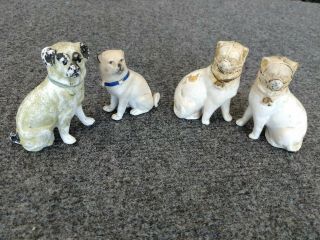 4 Antique Victorian Porcelain Bisque Miniature Dog Figurines 2 W Muzzles ? 3 "