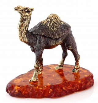 Camel Brass Bronze Figurine Dromedary Miniature Sculpture Baltic Amber Base 2 "
