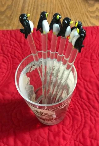 Set Of 6 Hand Blown,  Vintage Glass Swizzle Stick,  Penguins 8”