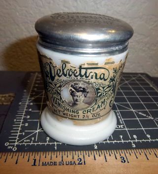 Vintage Velvetina Vanishing Cream Milk Glass Bottle Jar,  Great Colors & Graphics