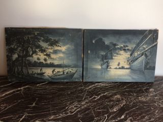 Antique Oil Painting On Canvas Pair Asian Signed Barge Boats At Night Fishing