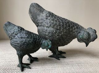 2 Vintage Chickens Figurines Metal Art Sculpture Farmhouse French Country Decor 2