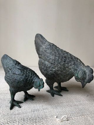 2 Vintage Chickens Figurines Metal Art Sculpture Farmhouse French Country Decor 3