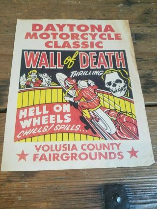 Vintage 1930s Wall Of Death Hell On Wheels Daytona Motorcycle Poster Sign Circus