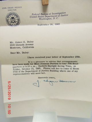 Fbi Letterhead J.  Edgar Hoover Signed Letter From Sept.  1965