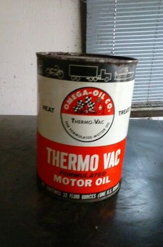Rare Vintage Omega Oil Co.  Can 1 Quart Full Metal Tin Thermo Vac Sae 30 Nos