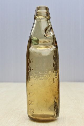 Vintage C1900s Leigh & Co Salford Globe Pict Light Amber 10oz Codd Bottle