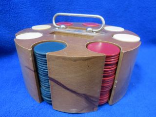 Vintage Poker Chip Set In Round Box With Wood Carousel