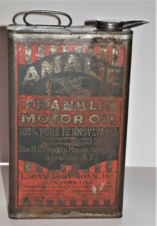 Antique 5 Quart Motor Oil Can,  Amalie Franklin Motor Oil,  With Spout