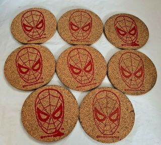 Spiderman.  Vintage Cork Coasters.  Set Of 8 Coasters 3 1/2” Diameter.  1979 Marvel