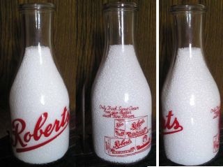 1948 Roberts Trpq Red Label Quart Dairy Glass Milk Bottle Duraglas Creamery Old