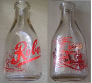 1948 Roberts TRPQ Red LABEL Quart Dairy Glass Milk Bottle Duraglas Creamery Old 2