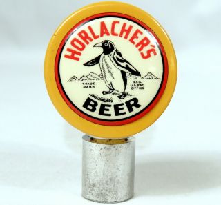 Vintage Horlachers Brewing Beer Ball Tap Knob Handle Yellow Bakelite Penguin