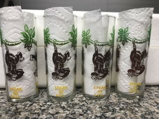 See Hear Speak No Evil Vintage Drinking Glass 6 inches tall Set Of 4 Monkey 2