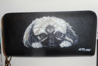 Pekingese Dog Hand Painted Wallet For Women Vegan Leather