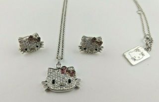 Hello Kitty Sanrio Diamonique Sterling Silver 925 Pendant And Earring Set
