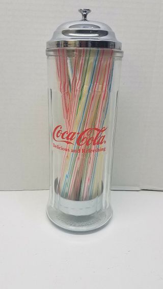 Vintage Coca Cola Delicious And Refreshing Glass Straw Dispenser Diner Style