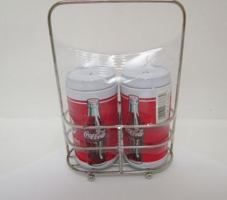 Coca Cola Salt & Pepper Shakers In Wire Carrying Holder  Xx