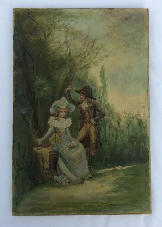 Romantic Victorian Antique Late 19th Century Oil Painting On Canvas Man Woman