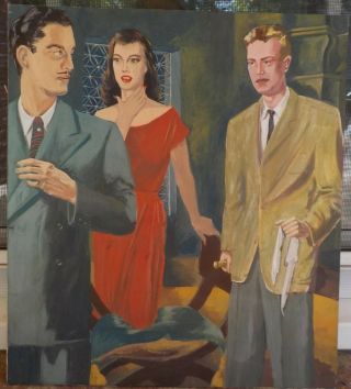 Vintage Mid - Century Mystery Woman Gangster Illustrator Gouache Painting C1940s