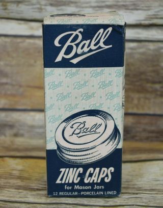 Vintage Nos Box Of 12 Ball Zinc Canning Jar Lids Caps Porcelain Lined