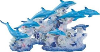 Blue Dolphins Swimming With Coral Turtle And Fish 16 " Figurine