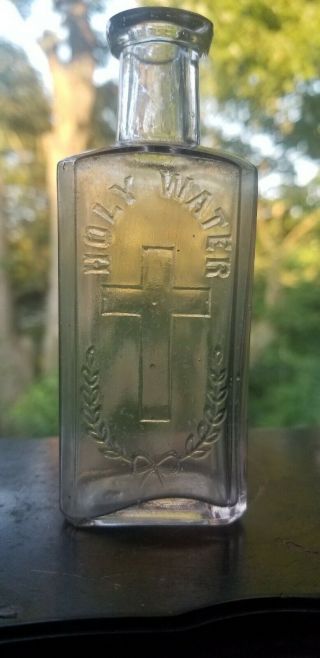 Antique Holy Water Bottle 1890 - 1920 Small Cross