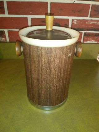 Vintage Kromex Mid Century Modern Ice Bucket Faux Wood Grain Chrome - S