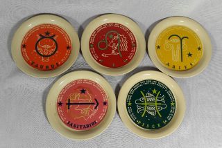 Vintage Set Of 5 Metal Tin Drink Coasters Zodiac Sign Lithos