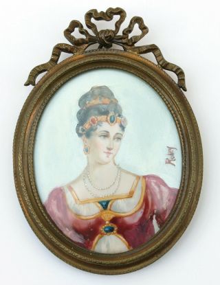 Antique Miniature Portrait Of Victorian Lady Signed