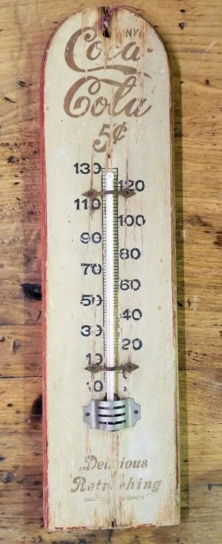 Rare 1920s Coca Cola Soda Pop Wooden Thermometer Sign Gas Oil Rod
