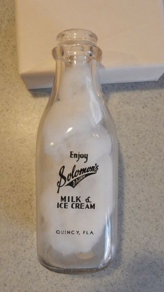 Solomon ' s Dairy Quincy,  FLA FL Florida Pyroglazed Square Quart Milk Bottle 2
