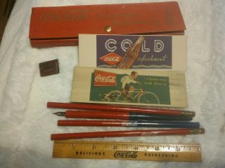 Coca Cola 1930s Pencil Box W/ruler 3 Pencils & Ftn Pen,  2blotters