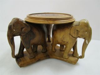 Vintage Cauvery Hand Carved 3 Elephants Wooden Stand