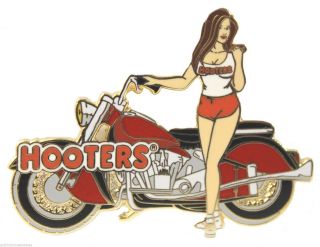 Hooters Sexy Brunette Girl Red & Gold Motorcycle / Bike / Biker Lapel Badge Pin