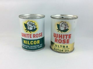2 Small White Rose 4 Onces Tin Can Nilcor And Ultra Motor Oil Promotional Bank