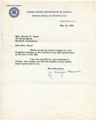Signed May 16,  1958 Fbi Director Letter From J.  Edgar Hoover,  With Jsa