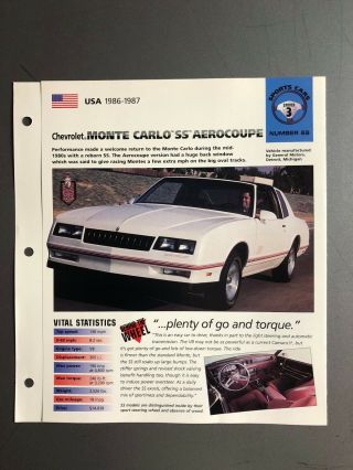 1986 - 1987 Chevrolet Monte Carlo " Ss " Aerocoupe Imp Hot Cars Spec Sheet Folder