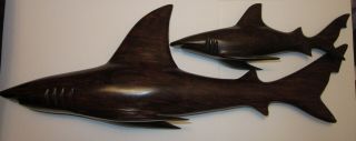 Ironwood Hand Carved 17 " Great White Shark & 9 " Great White Shark Sculptures
