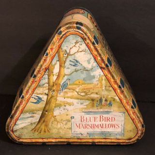 Antique Harry Horne Blue Bird Marshmallows Triangle - Shaped Tin 1 - Lb Size Toronto