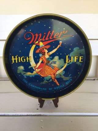 Vtg Miller High Life Beer Girl On The Moon Metal Tin Tray