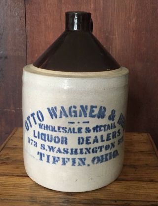 Otto Wagner & Bro.  Tiffin,  Ohio Liquor Jug Crock Antique Stoneware Store Ad