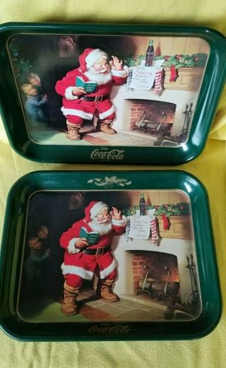 Vintage Coca Cola Vintage Metal Trays,  Two Santa Claus 1973 14 X 10.  5 " Each