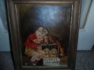 CIRCA 1950 - 1955 AMERICAN FOLK ART SIGNED OIL ON CANVAS BOY W/ PUPPIES 7