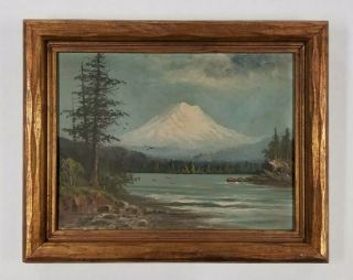 Antique Early American Oregon Mt Hood Trillium Lake Old Landscape Oil Painting