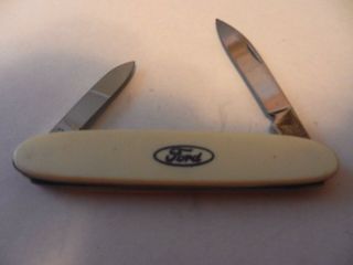 Ford Two Blade Pocket Knife,  1 1/2 " X 5/8 ",  Cream With Blue Logo