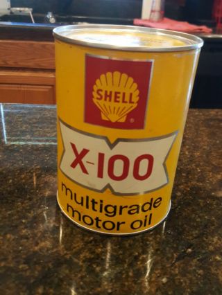 Vintage 1 Quart Shell X - 100 Multigrade SAE 10W - 20W - 30 Motor Oil Can Full 4