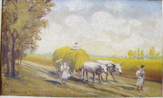 Hungarian Antique Oil On Canvas Painting " Landscape And Wagon With Oxen Signed