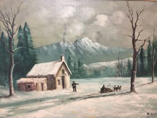 Vintage Signed Oil On Canvas Landscape Snowy Scene Painting W/vintage Wood Frame